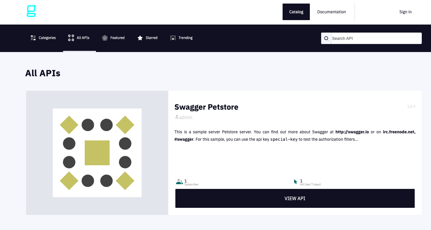Gravitee Developer Portal catalog listing the Swagger Petstore API