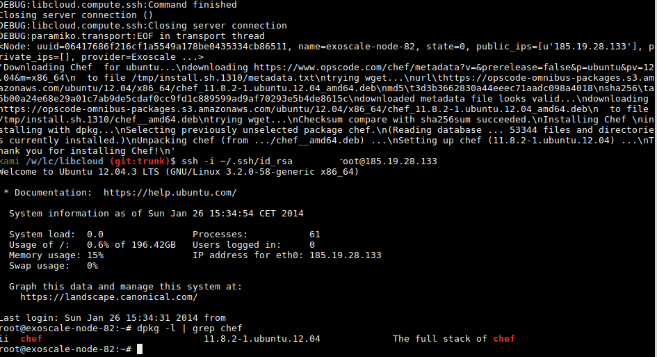 selected ssh key and chef client installed