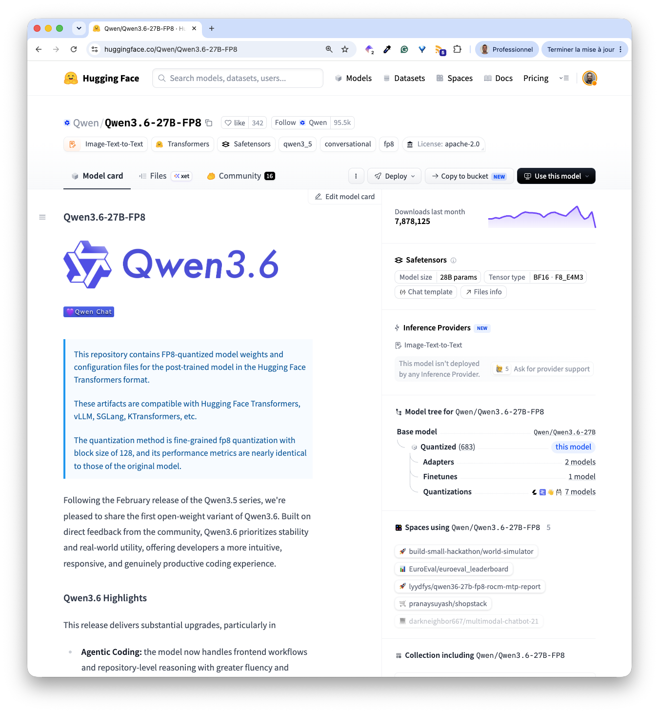 HuggingFace Qwen/Qwen3.6-27B-FP8 model card