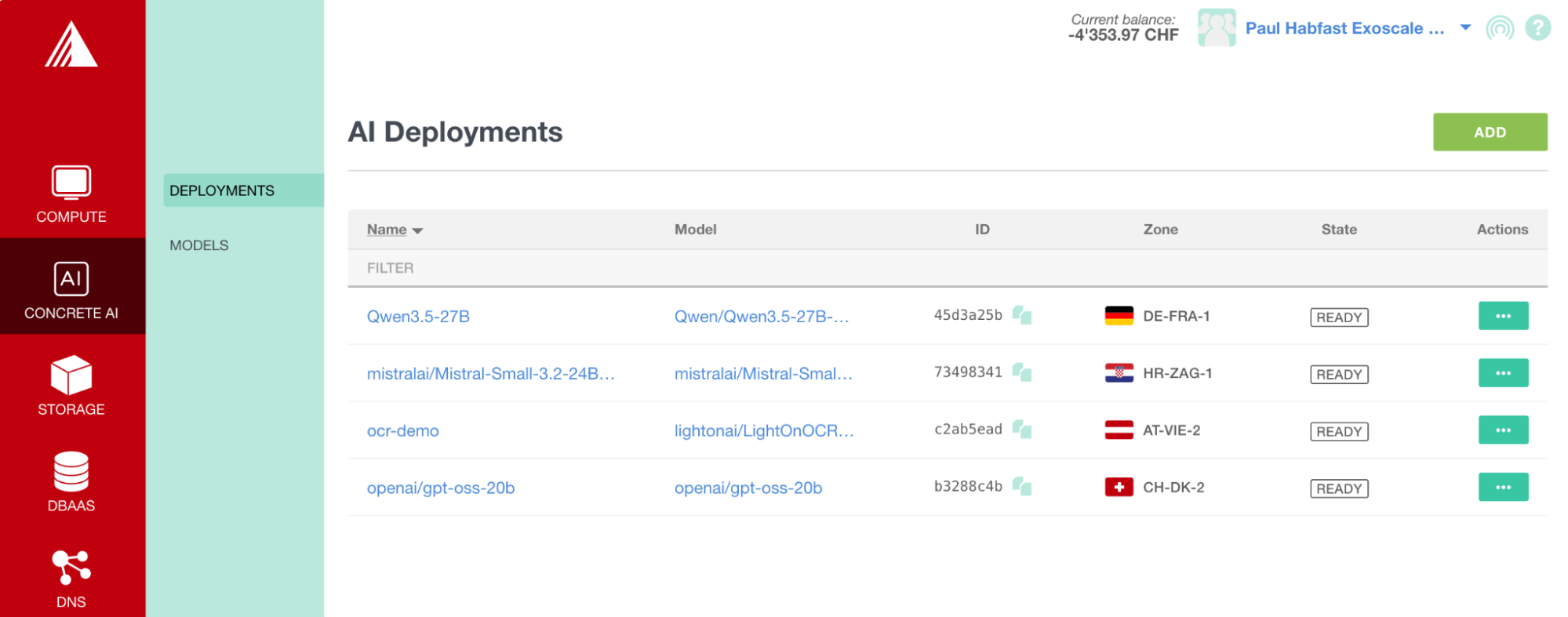 Exoscale portal showing AI Deployments list with Qwen3.5-27B, Mistral-Small, OCR demo, and GPT-OSS-20B deployments in various EU zones