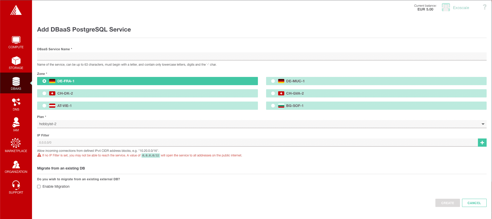 DBaaS PostgreSQL Screenshot Portal