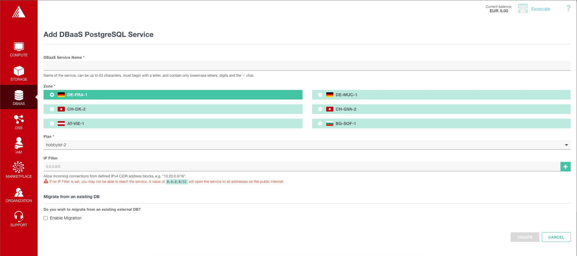 DBaaS PostgreSQL Screenshot Portal