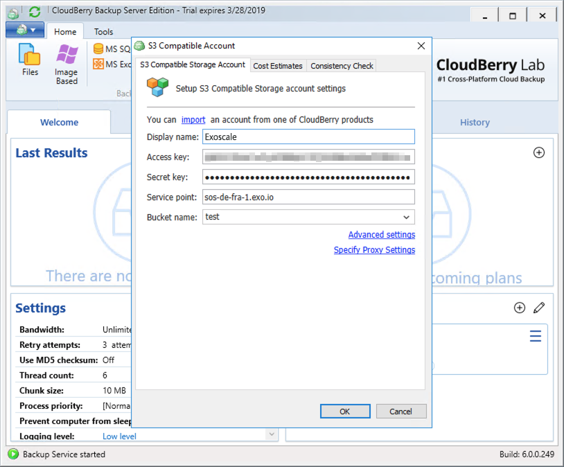 CloudBerry Backup - Exoscale setup