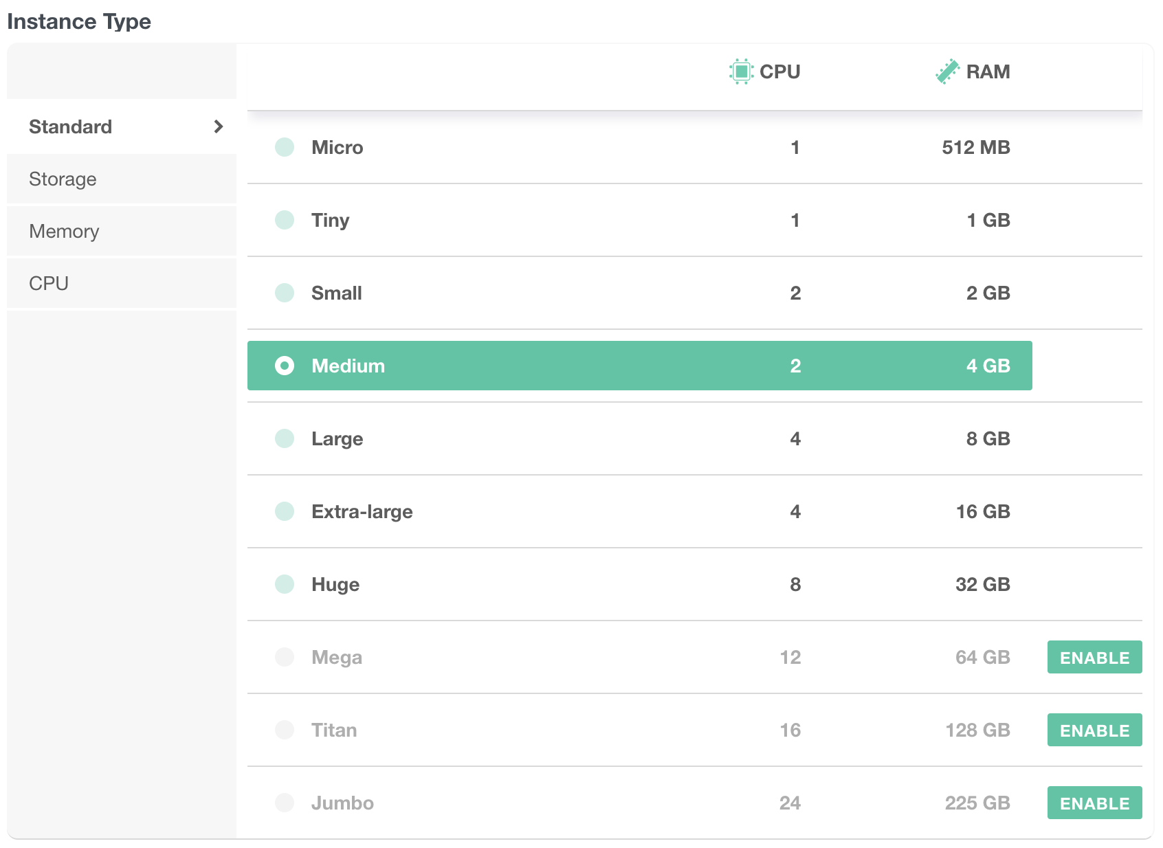 Instance type selector