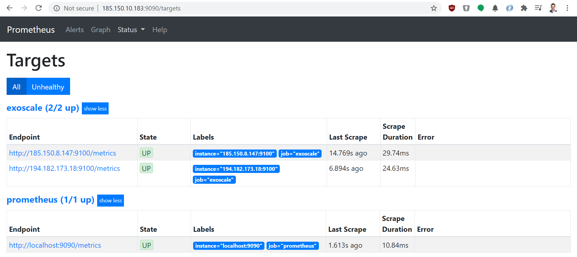 The Prometheus dashboard showing the two instances up and running