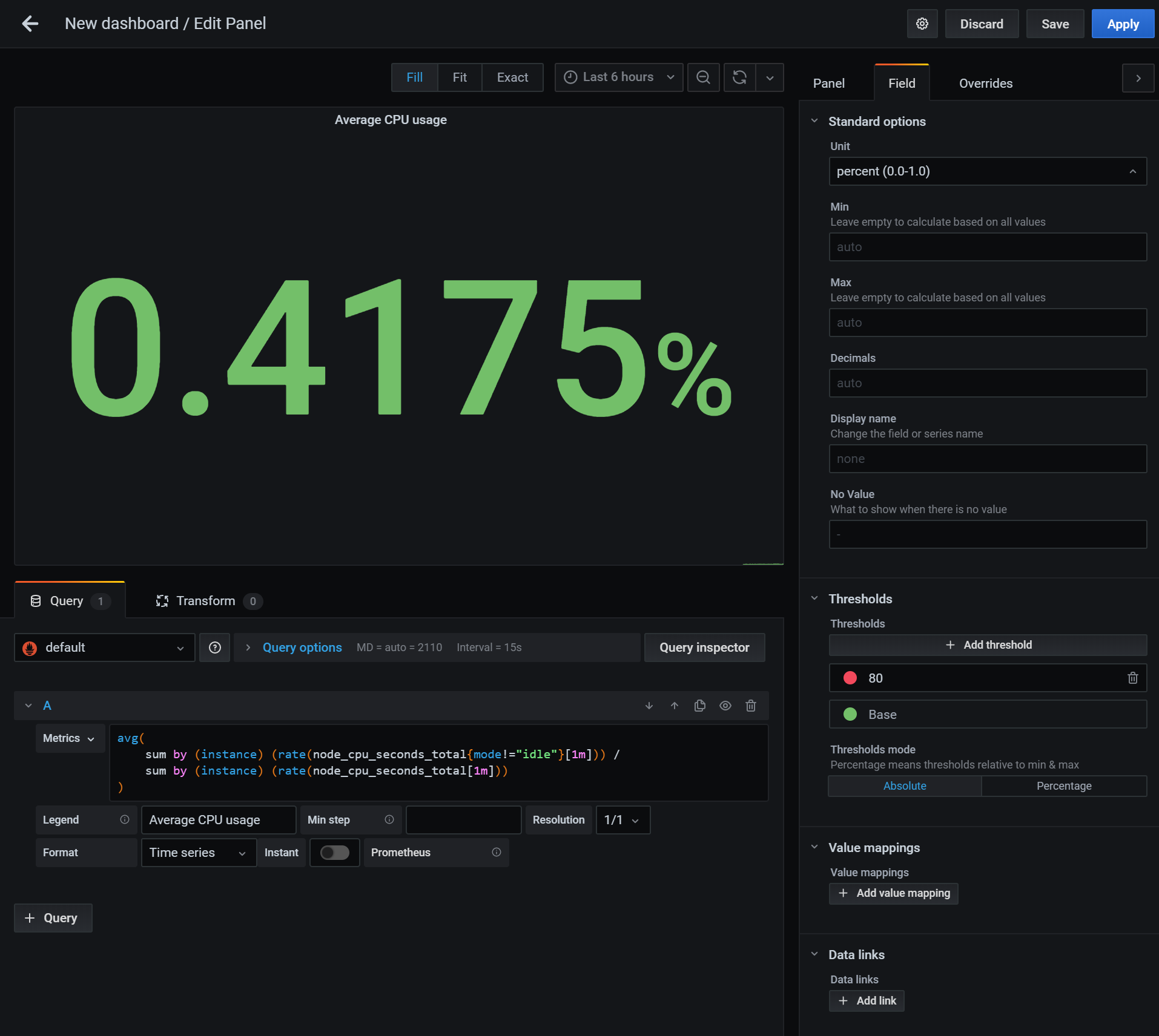 A picture of setting up a Grafana graph with various display options.