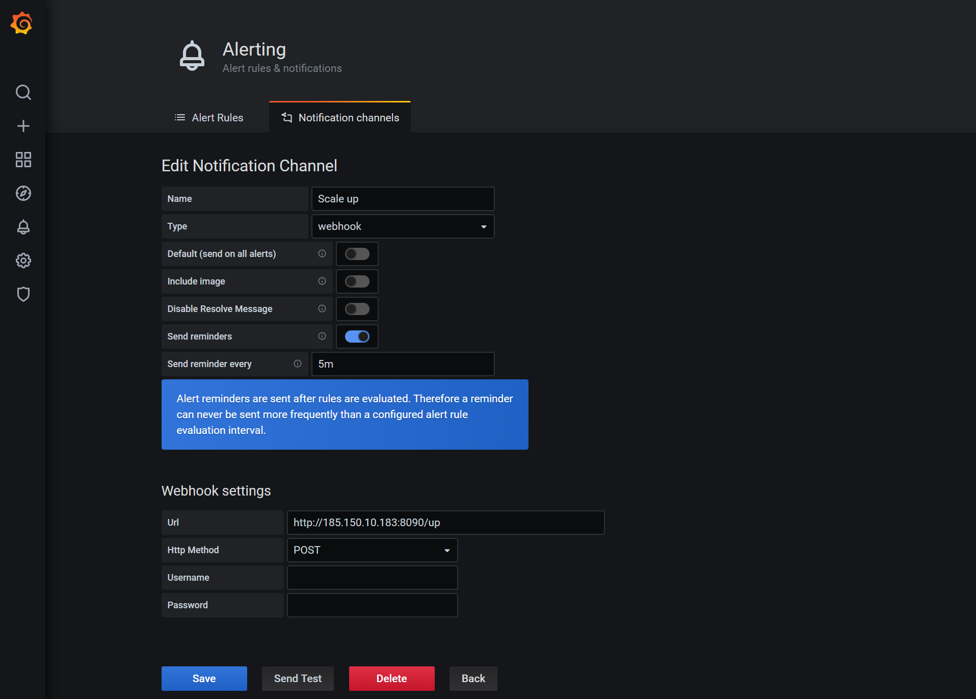 A picture of the Grafana settings for a notification channel