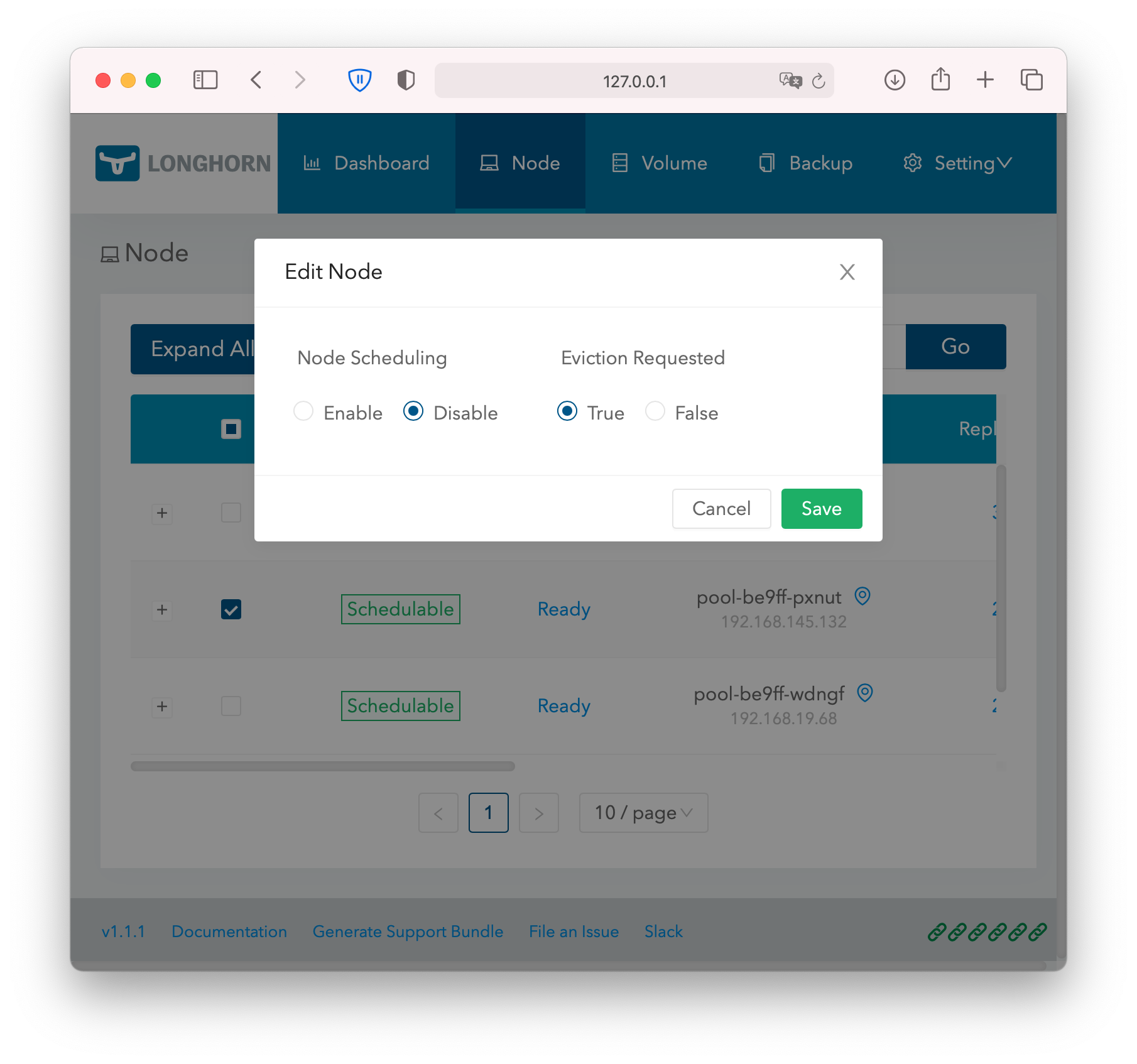 Edit Node, disable scheduling, enable eviction